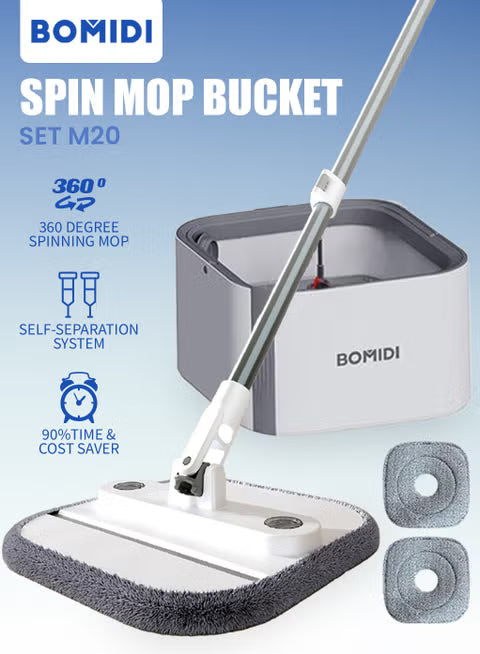 Spin Mop Bucket Set, 360 Degree Foldable Spinning Mop with Self Separation Dirty and Clean Water System, Easy Wring Floor Mop with Detachable Mop Heads for Floor Cleaning on Home Kitchen M20-Grey