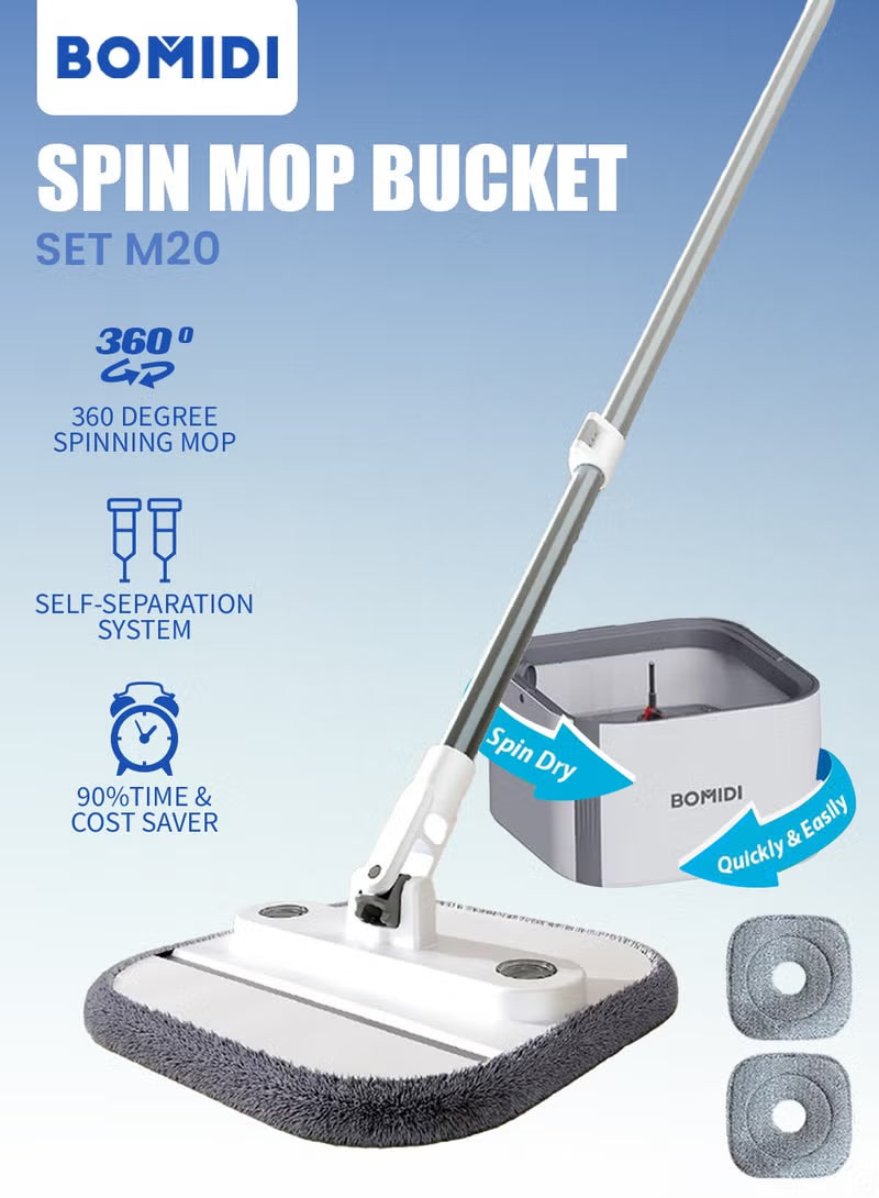 Spin Mop Bucket Set, 360 Degree Foldable Spinning Mop with Self Separation Dirty and Clean Water System, Easy Wring Floor Mop with Detachable Mop Heads for Floor Cleaning on Home Kitchen M20-Grey